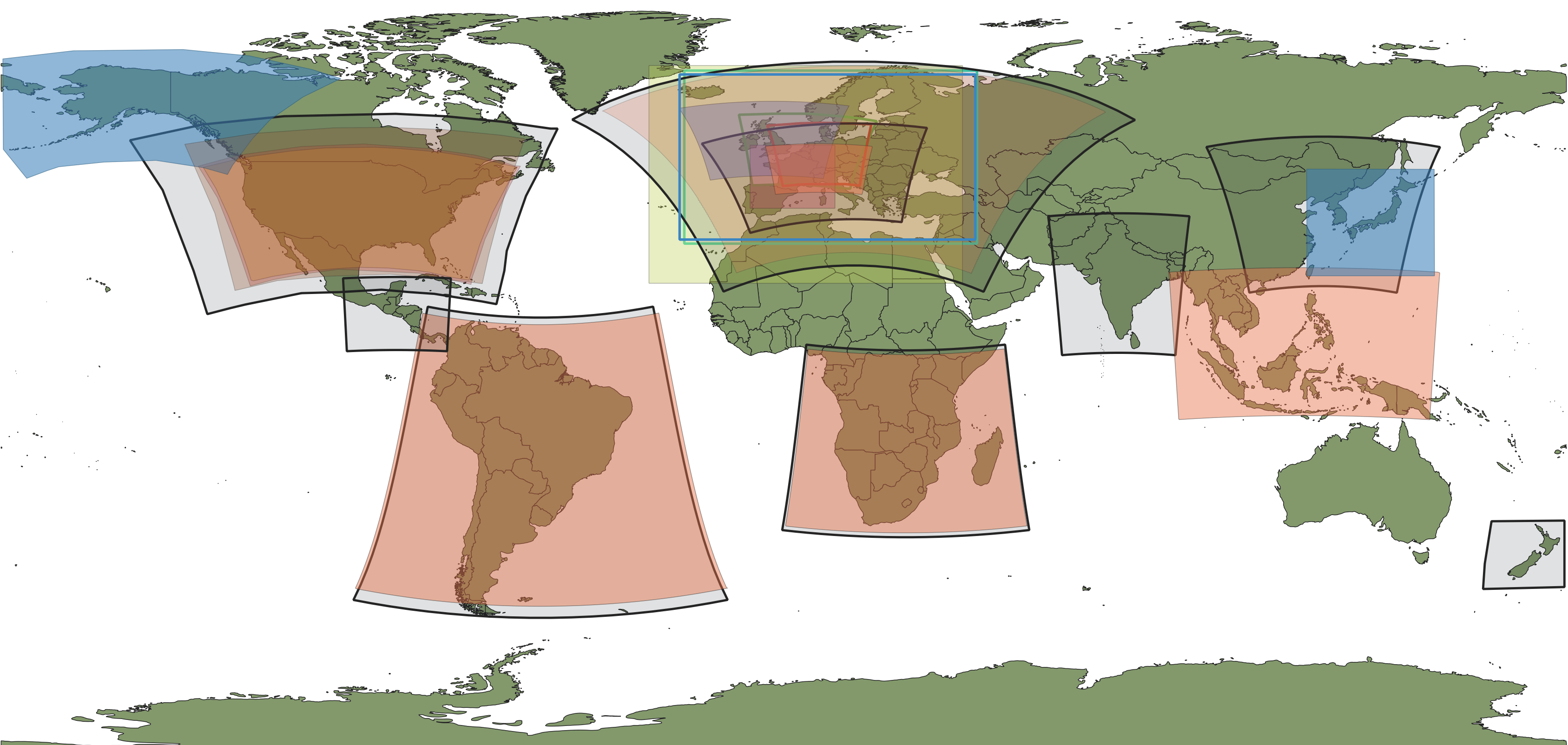 Vue d'ensemble des domaines meteoblue (état 2022) <br /> Les domaines mondiaux ne sont pas représentés.