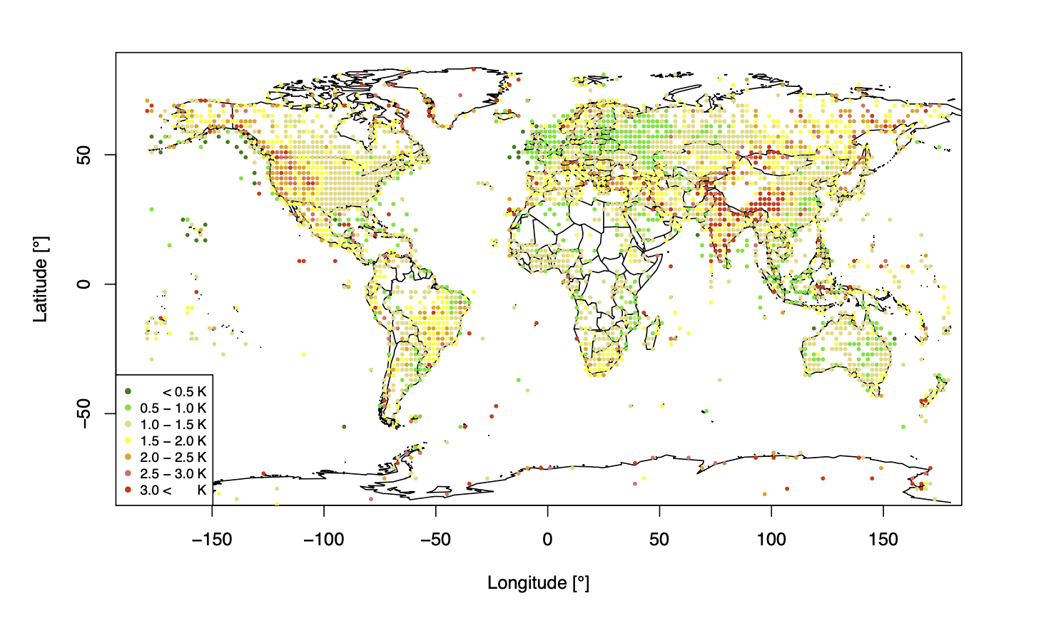 Spatial distribution of the MAE [K] for NEMS (top) and ERA5 (bottom), 
calculated for hourly measurements of the year 2018 of over 8000 weather stations worldwide.
