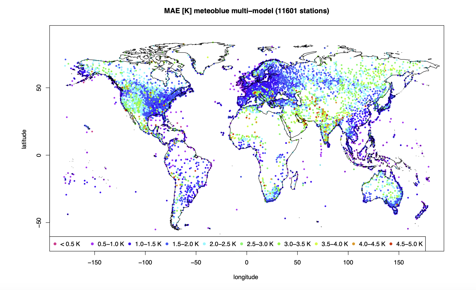 MAE [K] do MultiModel de meteoblue usado na previsão operacional, verificado com mais de 10'000 medições em todo o mundo do ano de 2018.
