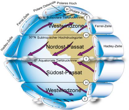 Zirkulationszellen und Windsysteme der planetarischen Zirkulation - Quelle: http://wiki.bildungsserver.de/klimawandel/index.php/Datei:Globale_zirkulation.jpg