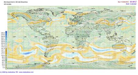 Carte mondiale des vents à 10 km d'altitude. Bandes du Jet Stream au-dessus du Pacifique et de l'Océan Indien