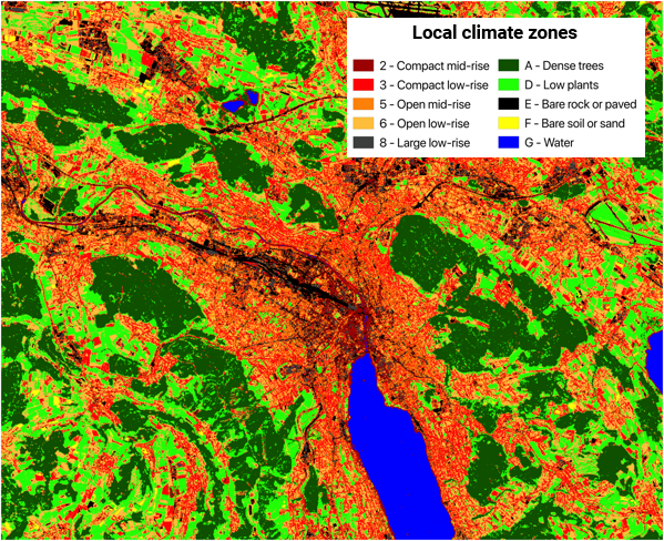 The map above shows the local climate zone distribution for the city of Zurich (CH) based on satellite image analysis.
