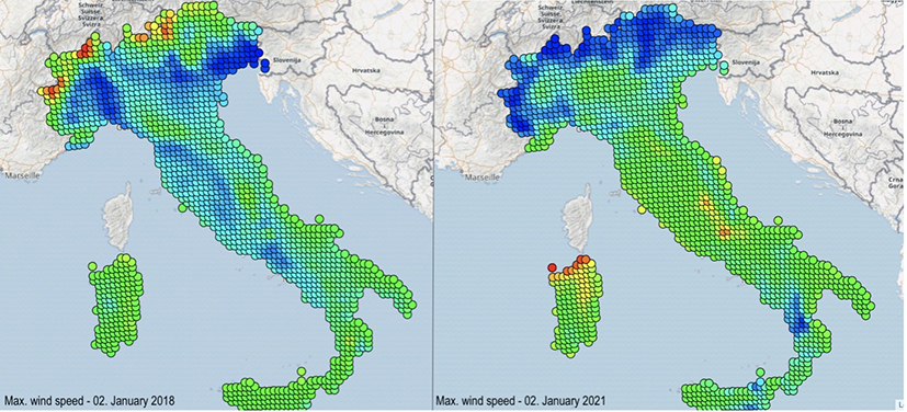 Maximale Windgeschwindigkeit in Italien. Vergleich zwischen dem 2. Januar 2018 und dem 2. Januar 2021