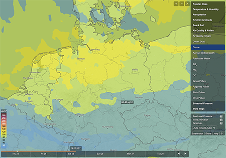 Map showing ozone concentration in and around northern Germany