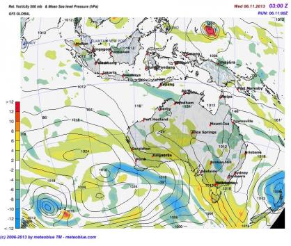 Vorticity at 500 hPa and sea level pressure over Oceania