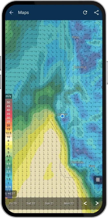 meteoblue wind map screen on Android
