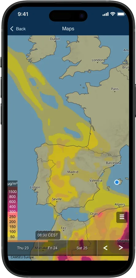 meteoblue live map screen on iPhone